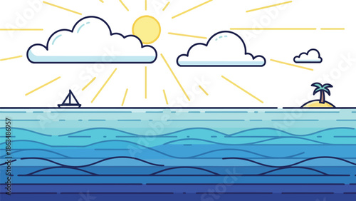 Minimalist vector landscape depicting a sunny day over the ocean with a sailboat, distant island, clouds, evoking peaceful summer travel and coastal