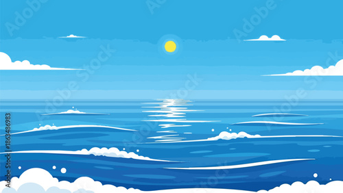 A serene pixelated ocean landscape, featuring vast deep blue waters, a bright golden sun, shimmering reflections, and gentle foamy waves under a
