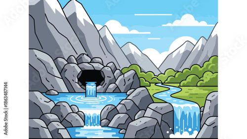 Dynamic cartoon nature scene depicting majestic mountains, stunning cave waterfall, winding river, lush green fields beneath a vivid blue sky