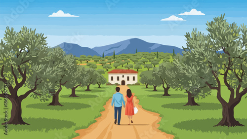 A couple strolls along a rustic path through an expansive olive grove leading towards a charming farmhouse nestled beneath distant serene blue