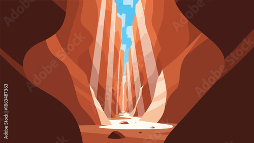 Stylized depiction of a narrow canyon with flowing water and a waterfall cascading from the top with warm earthy tones and geometric shapes