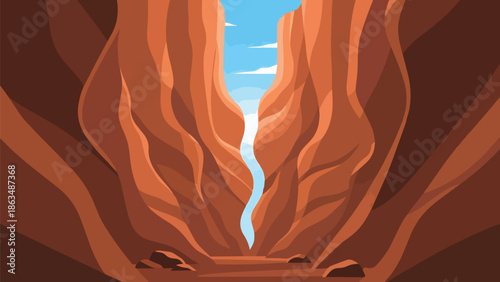 Deep Vertical Canyon with Flowing Water Narrow Gorge Surrounded by Red Rocky Cliffs Scenic Landscape Digital Illustration