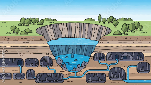 Cross-Section Illustration of a Mining Quarry Showing Layers of Soil, Rock, Water, and Underground Tunnels for Extraction Activities