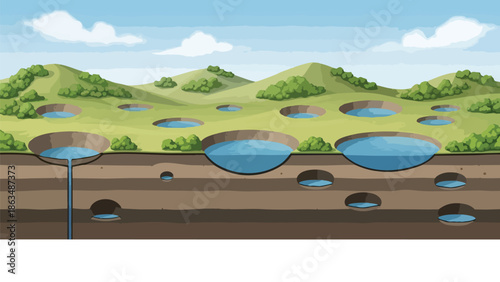 Illustration of Subsurface Water Reservoirs and Aquifers Showing Layered Geological Structures and Water Accumulation Patterns