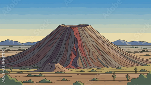 Majestic and imposing dormant volcano rising amidst arid landscape with distant mountain ranges and sparse desert vegetation under a clear sky