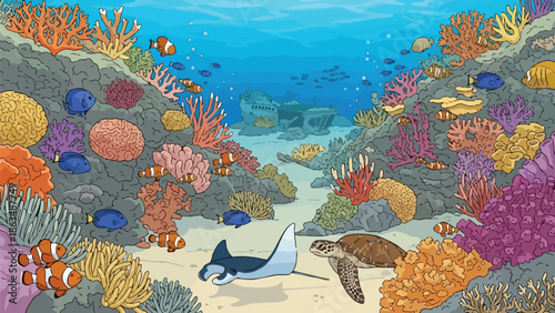 Vibrant Underwater Coral Reef Ecosystem Featuring Diverse Marine Life and Colorful Coral Structures