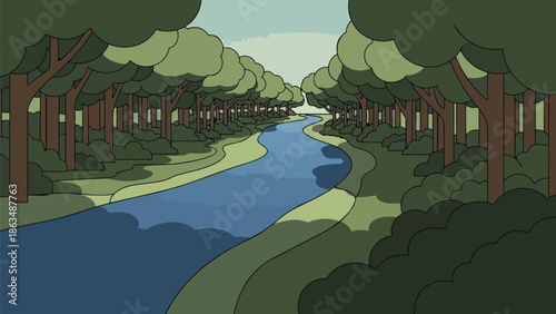 Serene winding river flowing through lush green forest with tall leafy trees on both banks in a peaceful natural landscape