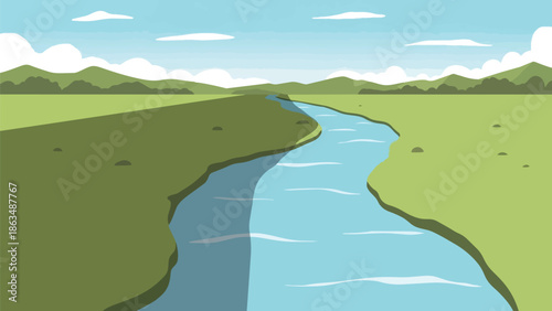 Serene landscape depicting a winding river flowing through lush green fields and distant mountains under a clear blue sky