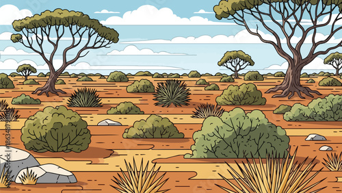 Desert Landscape Illustration Featuring Sparse Vegetation, Rocky Terrain, and Wide Open Skies Conveying Arid Environment and Natural Beauty