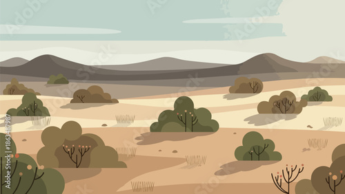 Serene arid desert landscape featuring scattered sparse bushes and distant rolling mountains under a muted sky