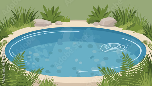 Serene outdoor naturalistic water feature with tranquil blue pond surrounded by lush green foliage and smooth stones a peaceful oasis for quiet