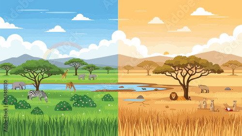 Vivid illustration of a contrasting savannah landscape showcasing lush green grass and vibrant wildlife under a bright sky and arid surroundings