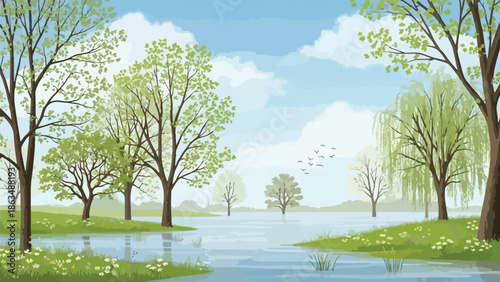 A vibrant springtime landscape illustration displaying lush green trees along tranquil waters beneath a bright blue sky with fluffy clouds and