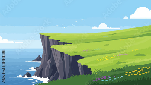Expansive coastal panorama depicted in a flat design style. Verdant cliffs meet the tranquil blue sea, adorned with gentle waves and a serene sky