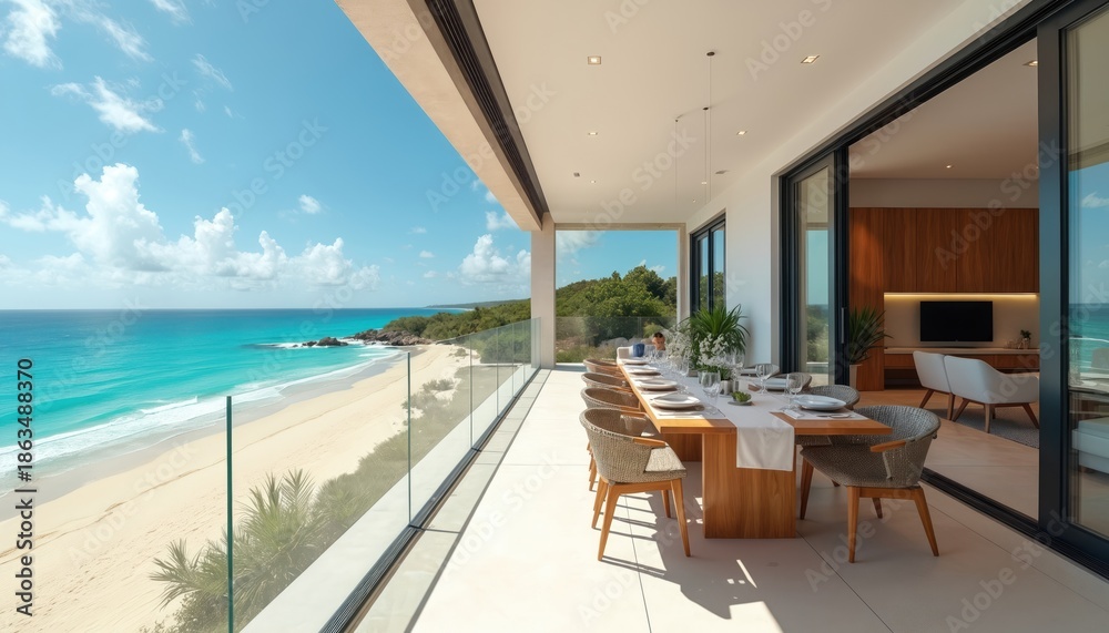Fototapeta premium Modern villa dining area overlooks turquoise ocean and sandy beach. Outdoor table set for meal with chairs. Rich green trees border tropical coastline. Perfect for luxury vacation themes.