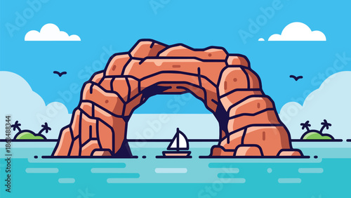 Vector illustration of a natural sea arch with a sailboat, tropical islands, and a clear sky