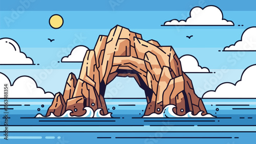 Stylized natural sea arch formation rising majestically from tranquil blue ocean waters under a sunny sky
