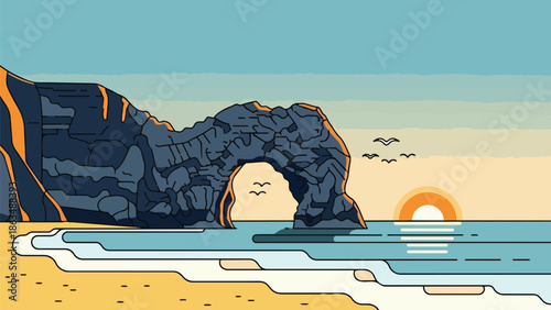 illustration of scenic coastal landscape featuring a natural rock arch formation at sunset with ocean waves and seagulls in the sky capturing