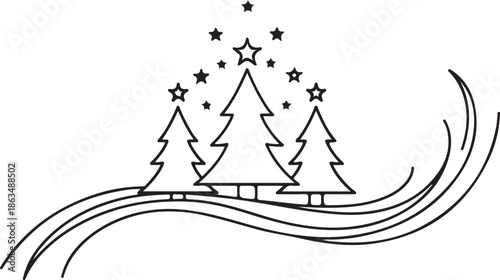 A minimalist black-and-white line illustration featuring three stylized Christmas trees topped with stars, resting on an elegant, wavy base surrounded by a halo of small, shimmering stars.
