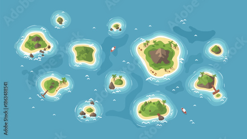 Whimsical overhead illustration of a serene ocean expanse dotted with verdant islands and tiny boats