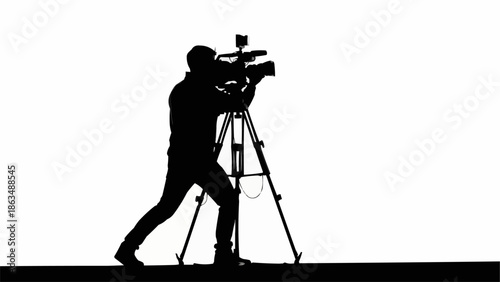 Silhouette of a cameraman filming with a professional video camera on a tripod.