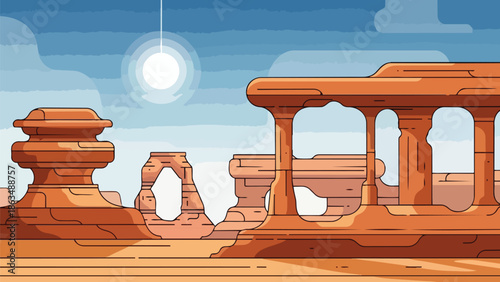 A striking graphic illustration of a desolate desert environment featuring unique towering rock formations and a natural arch beneath a vivid blue