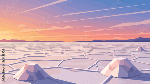 Expansive digital art rendering of an ethereal polygonal salt flat desert landscape, featuring sharp geometric formations and subtle mounds under a