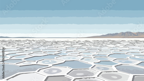 A broad, stylized landscape of a salt flat featuring intricate hexagonal patterns across its vast surface extending to distant mountains under a