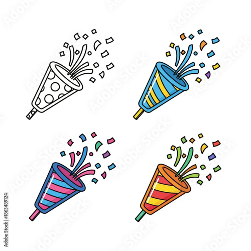 Minimalist party popper icon set, hand-drawn doodle style, bold black outline,