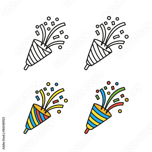 Minimalist party popper icon set, hand-drawn doodle style, bold black outline,