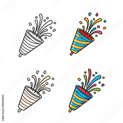 Minimalist party popper icon set, hand-drawn doodle style, bold black outline,
