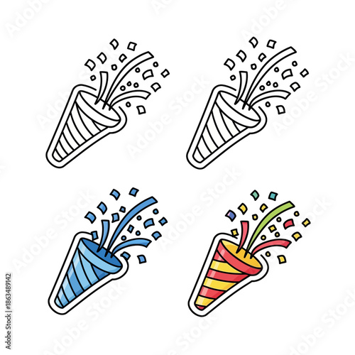Minimalist party popper icon set, hand-drawn doodle style, bold black outline,