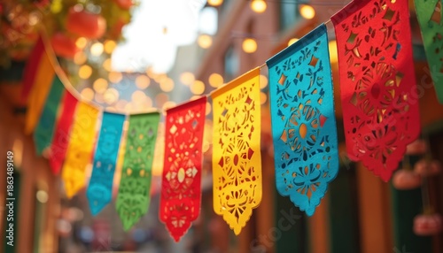 Colorful papel picado flags strung across street, festive decoration for Mexican fiesta. Cultural celebration displays bright paper banners outdoors, vibrant street scene.
