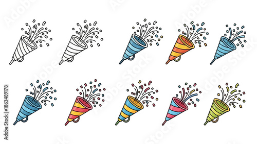 Minimalist party popper icon set, hand-drawn doodle style, bold black outline,