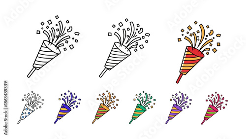 Minimalist party popper icon set, hand-drawn doodle style, bold black outline,