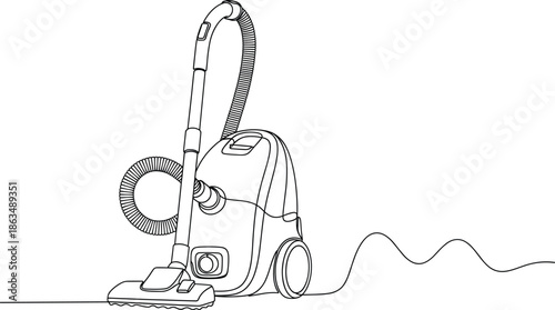 Black and white line drawing of canister vacuum cleaner with hose, nozzle, wheels, power cord in schematic household style.