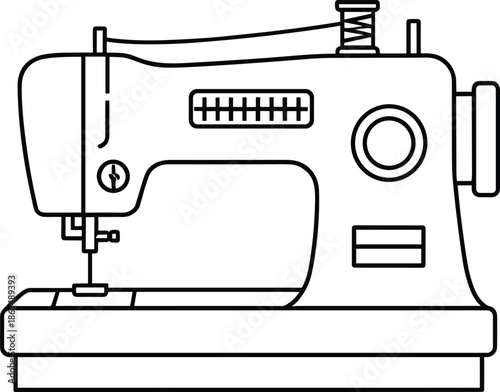 Black and white line drawing of sewing machine with needle, thread spool, presser foot, tension dial, stitch selector, handwheel
