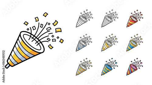 Minimalist party popper icon set, hand-drawn doodle style, bold black outline,