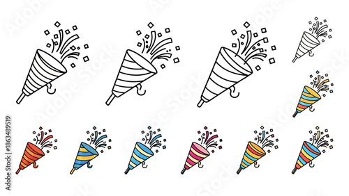 Minimalist party popper icon set, hand-drawn doodle style, bold black outline,