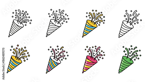 Minimalist party popper icon set, hand-drawn doodle style, bold black outline,