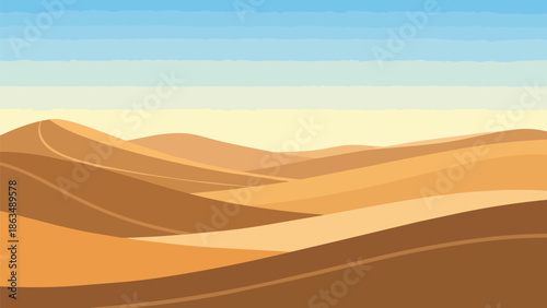 Illustrative panorama of a serene desert with gently rolling sand dunes under a vast, gradient sky. This minimalist landscape captures the quiet