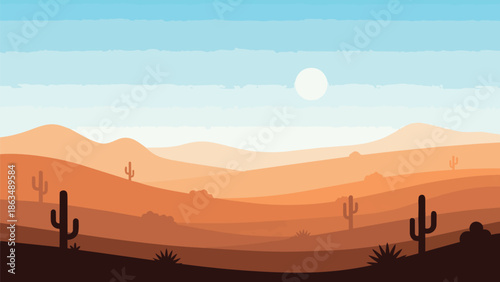 A captivating minimalist flat design desert landscape illustration under a bright sun, featuring warm gradient hills and iconic saguaro cacti.