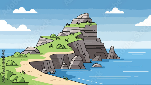 Tranquil coastal cliffside vista with sandy beach path and calm blue sea under a bright sky with soft clouds a perfect digital nature getaway scene