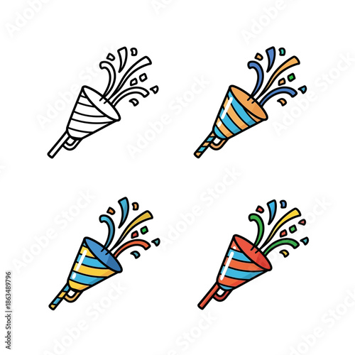 Minimalist party popper icon set, hand-drawn doodle style, bold black outline,