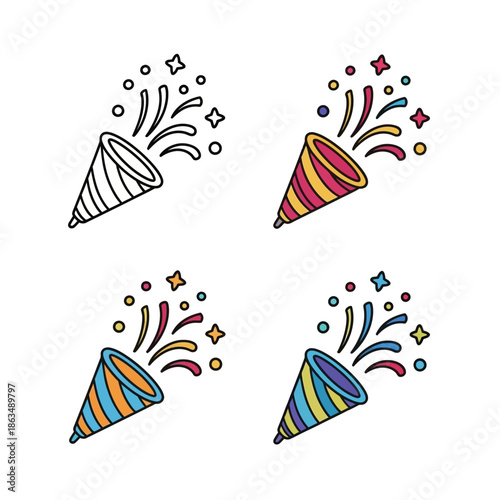 Minimalist party popper icon set, hand-drawn doodle style, bold black outline,