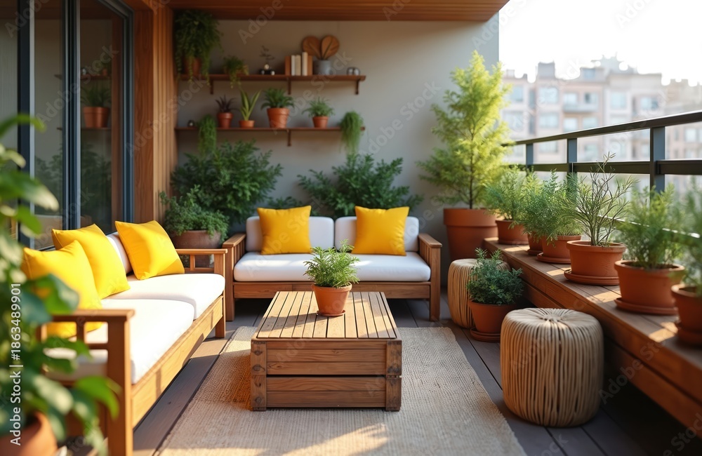 Fototapeta premium Wooden balcony furniture with white cushions and yellow pillows. Potted green plants and trees furnish the outdoor seating area. A coffee table sits before a sofa, overlooking city buildings.