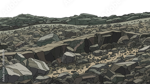 A rugged and desolate landscape illustration showcasing an endless expanse of diverse rock formations and gravelly terrain under an expansive,