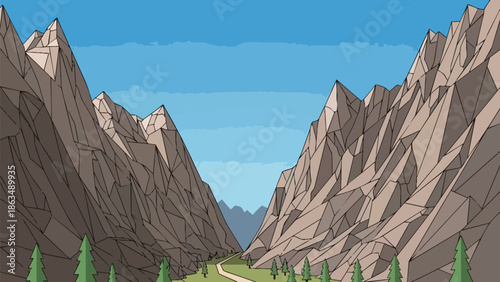 Geometric Valley Vista Winding Path Through Towering Peaks Under Blue Sky Illustrated Landscape