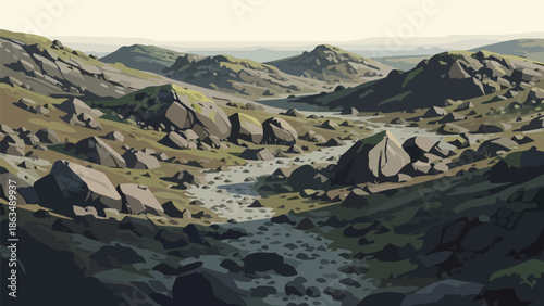 A captivating digital illustration portraying a sprawling, rugged landscape with a winding rocky riverbed carving through an expansive valley amidst