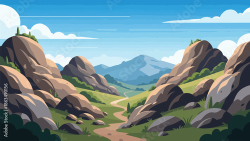 A picturesque vector illustration of a serene mountain valley with a winding path and vibrant green slopes under a clear blue sky.